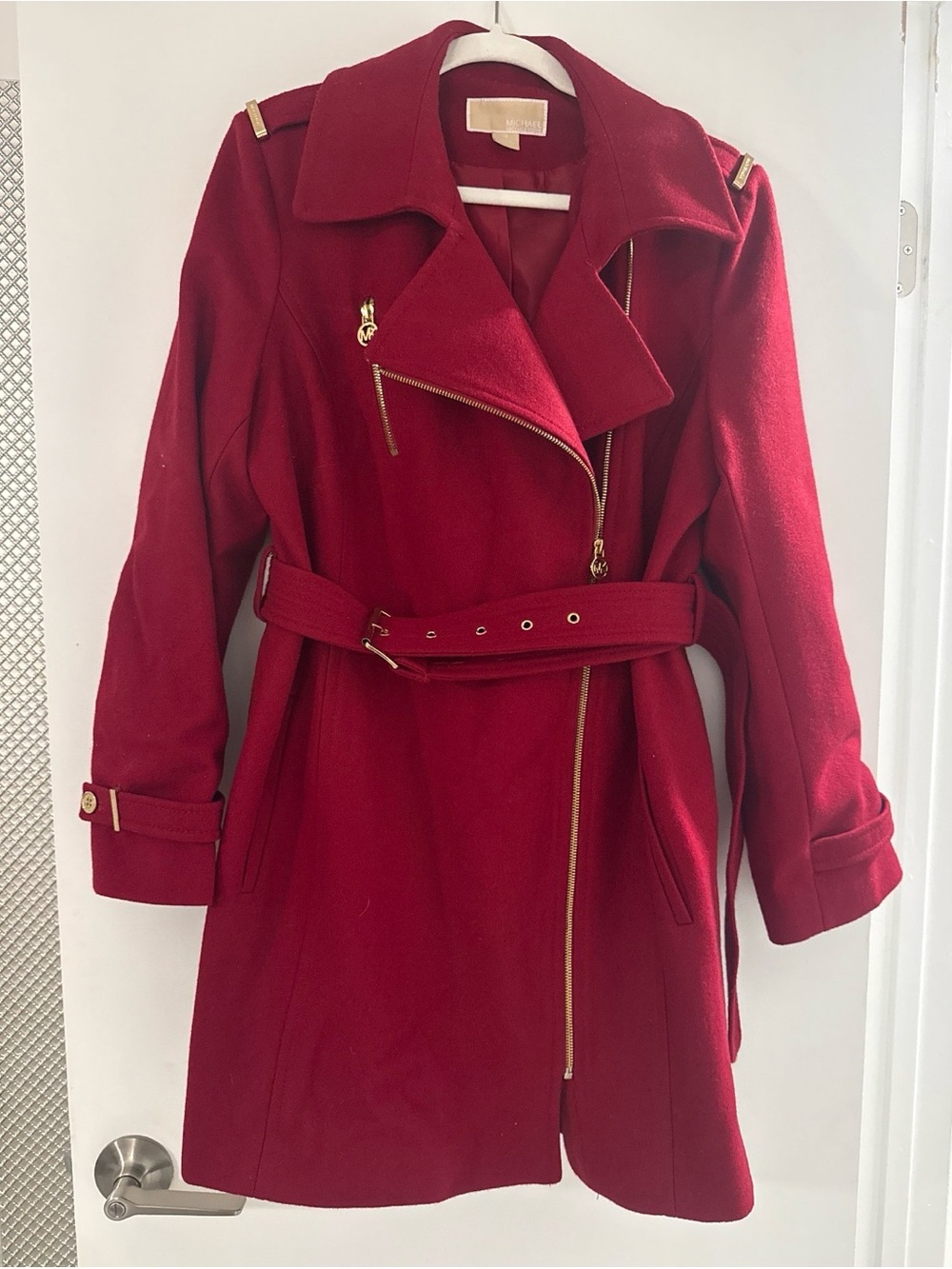 Michael Kors | Red Wool Belted Trench Coat with Gold Hardware